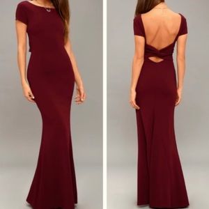 LULU’S burgundy twist back mermaid gown
